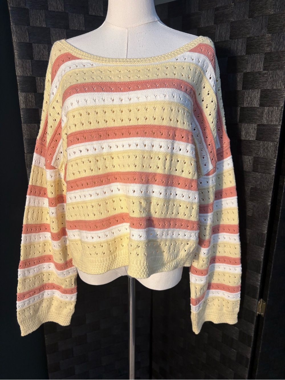 Pastel Striped Pointelle Knit Pullover Sweater Relaxed Fit Wide Sleeve Boho
